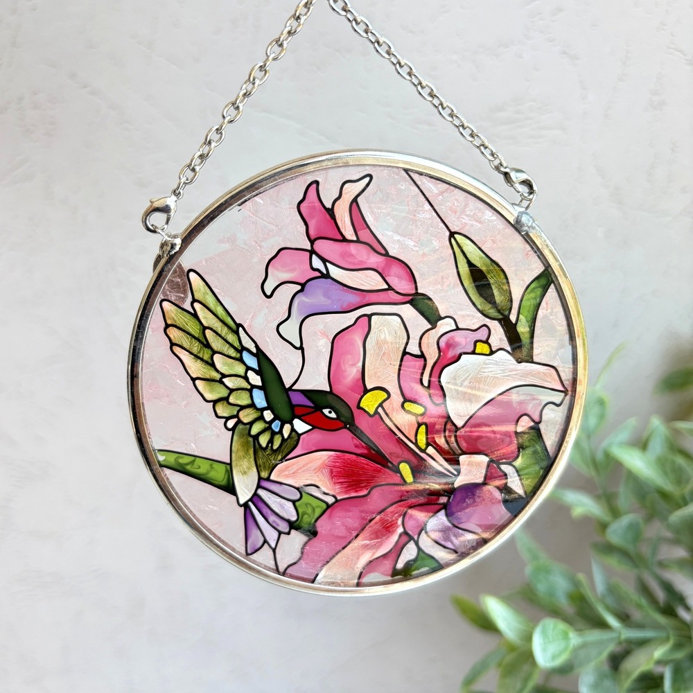 AMIA Hand Painted Glass Hummingbird and Pink Lily Suncatcher Round 3.25 inch